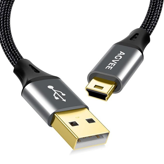 AGVEE 2 Pack 1ft Mini USB Cable, Braided Durable USB-A to Mini-B Charger Charging Cord for TI-84, Garmin GPS, Go-Pro Hero 4 3 2 HD, PS3 Controller, Canon Camera, Blue Yeti Microphone, Dark Gray