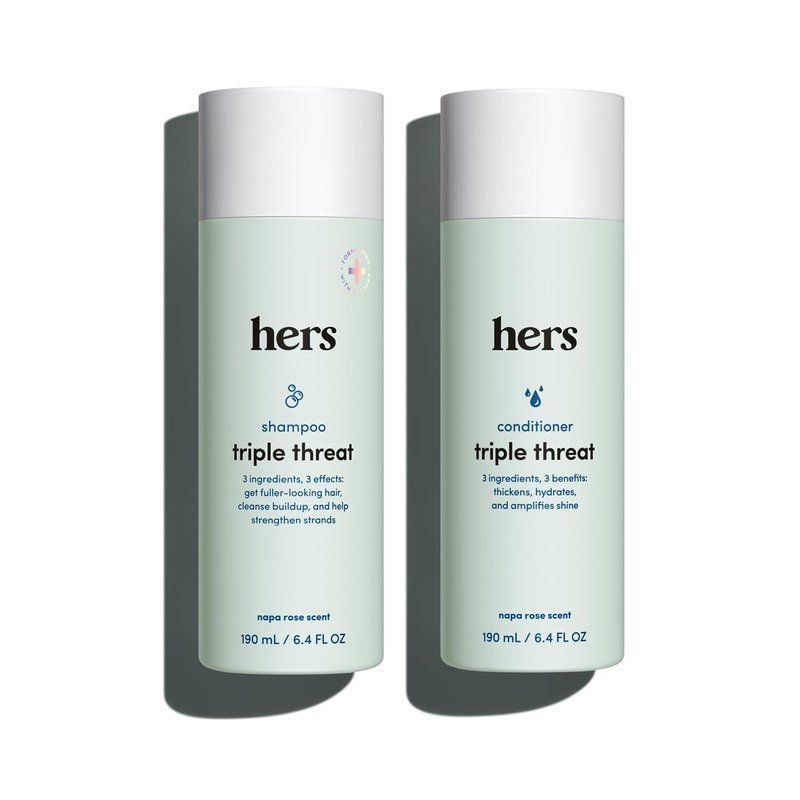 hers Triple Threat Shampoo & Conditioner Set - Biotin, Saw Palmetto, & Pumpkin Seed Oil Formula - Thickens & Hydrates - Color-Safe, Paraben-Free, Vegan - Napa Rose Scent - 6.4 Fl Oz, 2 Count