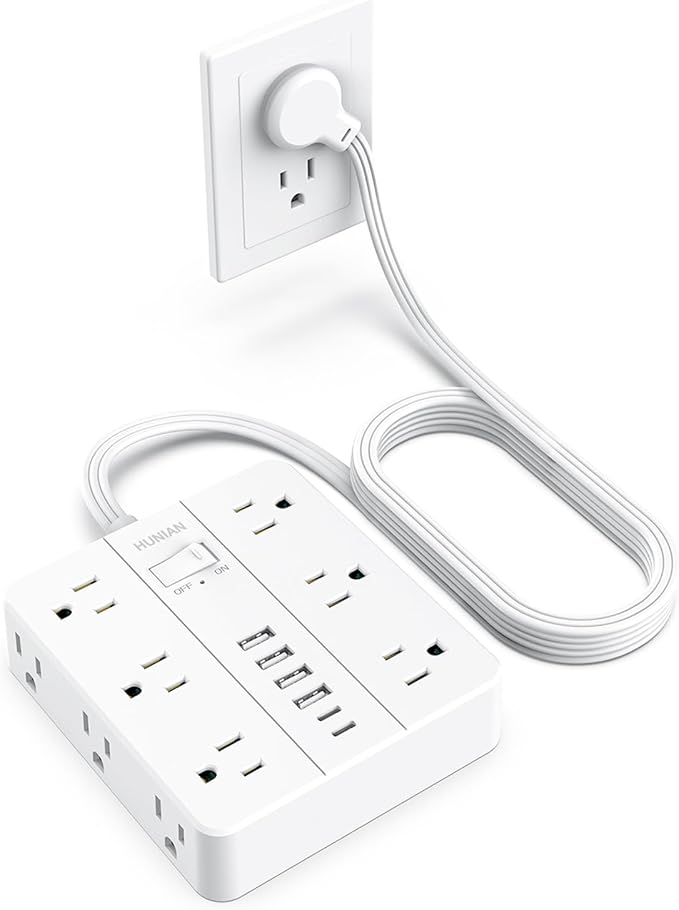 Flat Plug Power Strip, HUNIAN 12 Widely Spaced Outlets with 6 USB Charger (2 USB C Ports), 10 Ft Extension Cord Desk Charging Station for Home Office Supplies, Dorm Room, White