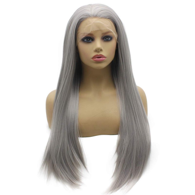 Iwona Gray Straight Wig Half Hand Tied Heat Resistant Fiber Hair Synthetic Lace Front Wig