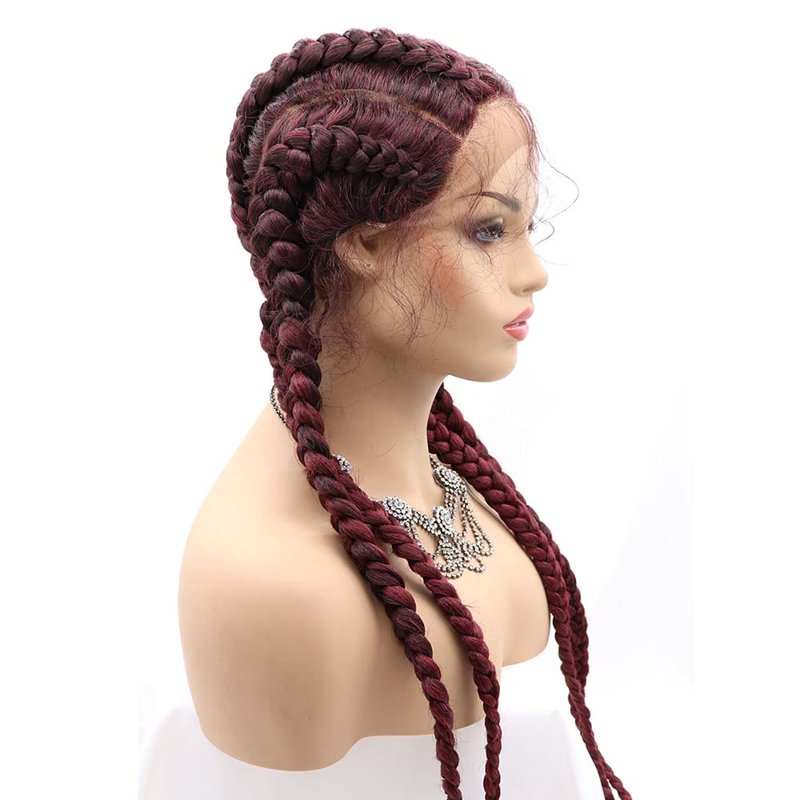 Natural-Looking Wine Red Lace Front Wig - 30 Inch Handmade Braided Wig for Women | Neatly Done Box Braids