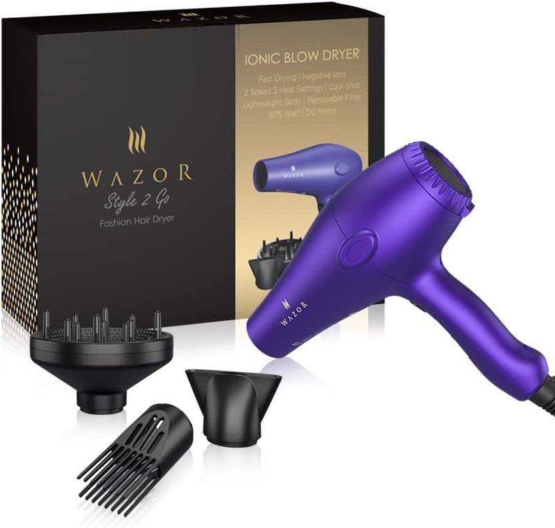 Wazor Lightweight Hair Dryer - 1875W Ionic Blow Dryer with Diffuser | 2 Speed, 3 Heat Settings, Purple