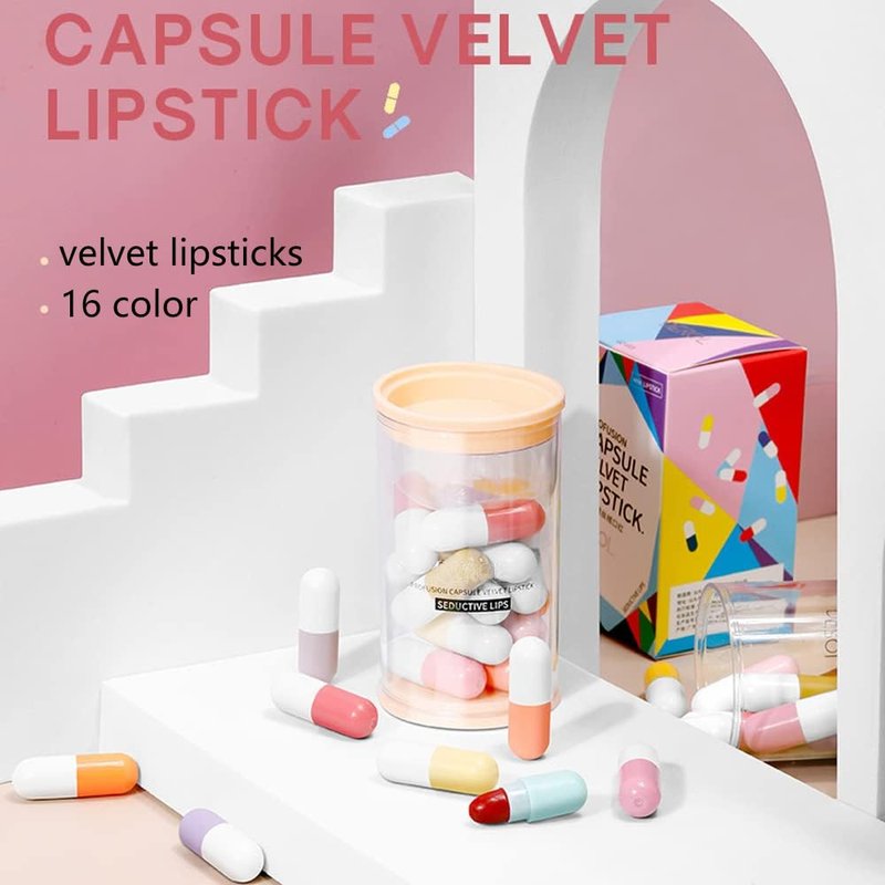 SWETIYOU 16 Pcs Mini Pills Lipstick Capsule Set, Waterproof Long Lasting Mini Matte Lipstick Set, Cute Capsule Velvet Matte Lipstick Set, Lipstick Bulk for Women