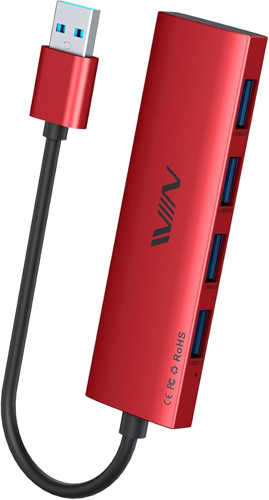 USB 3.0 Hub, 4 Port USB Hub Splitter, USB A Expander Portable USB Adapter Multiport Data Hub for Laptop, iMac Pro, MacBook Air, Mac mini/Pro, Surface Pro, USB Flash Drives, and Mobile HDD-Red