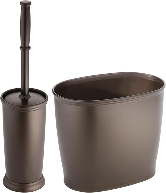 mDesign Plastic Compact Toilet Bowl Brush, Round Slim Wastebasket, Garbage Can/Recycling Bin Combo - Bathroom Cleaning/Storage, Holds Tissue, Cotton Balls, Trash, Hyde Collection, Set of 2, Bronze