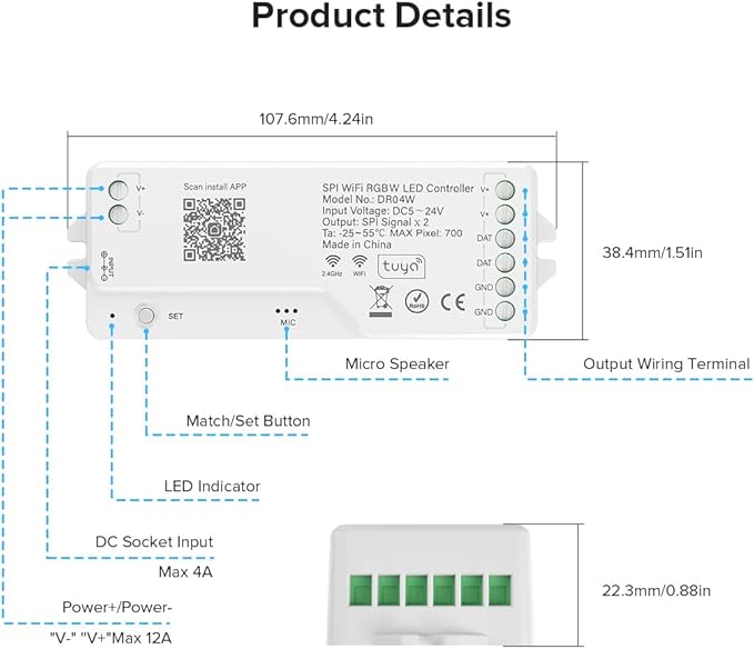 FCOB 2.4G WiFi SPI RGBW Controller DR04W & RC03RF RF Remote Set, Control by Smart Life/Tuya APP/Alexa/Google Home, Support SK6812RGBW/SMD WS2814 IC etc Addressable RGBW LED Strip STA Mode