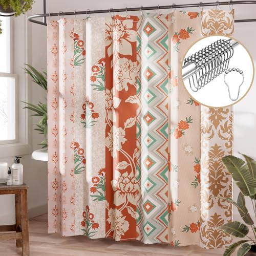 AmazerBath Floral Shower Curtain, 72x72 Washable Cloth Red Boho Flower Shower Curtains for Bathroom, Fabric Aesthetic Bohemia Shower Curtain Set with Hooks, Modern Decorative Stall RV Shower Curtain
