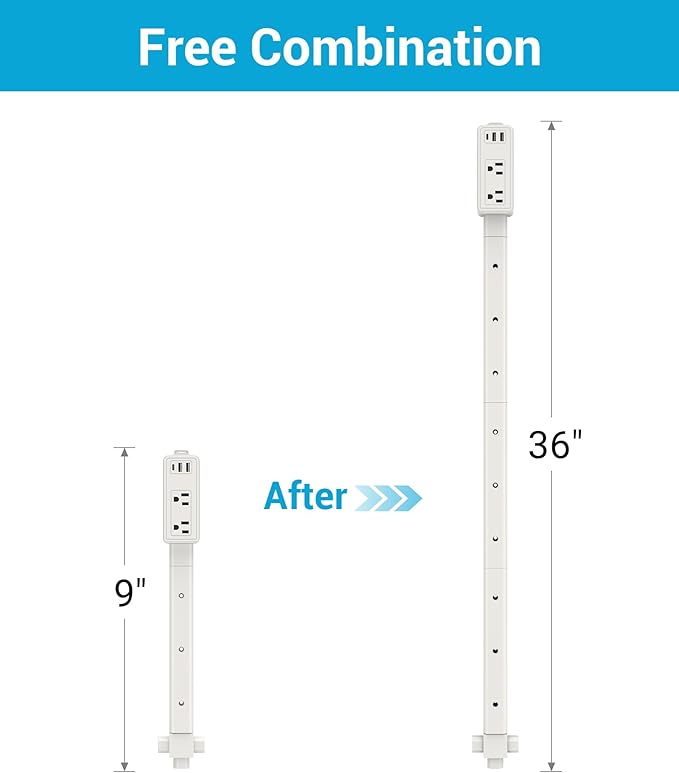 Outlet Extender Stick, 360° Rotatable Plug Expander with 2AC Outlets, 2USB-A, USB-C, 9"-36" Extendable Wall Plug for Hard-to-Reach Areas Behind Couch, Nightstands, Bed & Furniture, Dorm Essentials