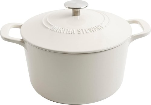 Martha Stewart Gatwick 7-Quart Enamel Cast Iron Dutch Oven - Durable Linen Color with Silver Knob for Slow Cooking