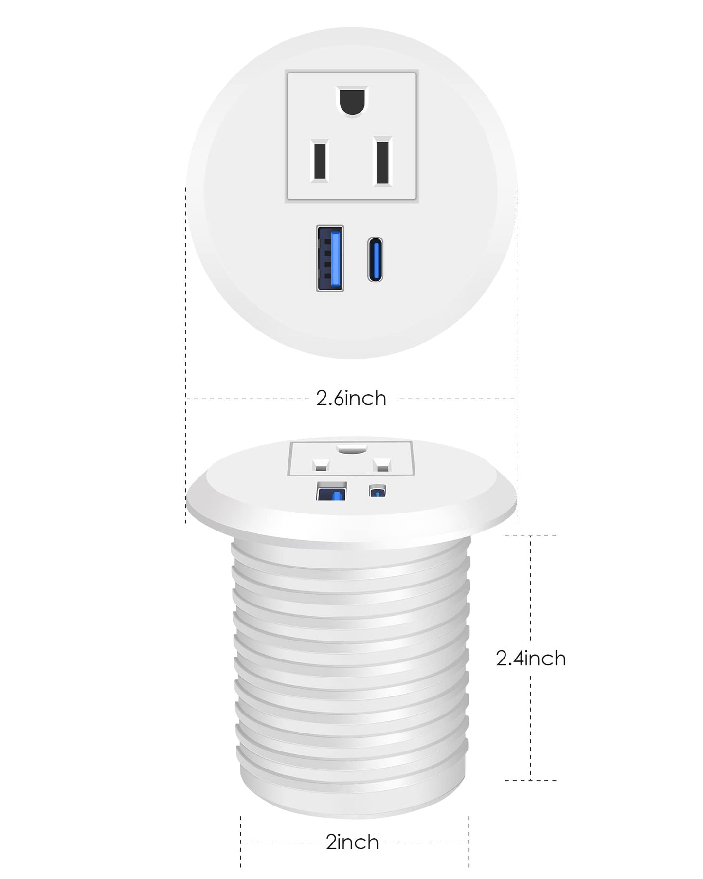 2 inch Desk Power Grommet with PD 20W USB C,Ultra-Flat Plug Power Strip,Recessed Outlet,Desktop Power Grommet for Office PC Desk Cable Cord Cover,Table Outlets for Home, Office,6 ft Cable(White)