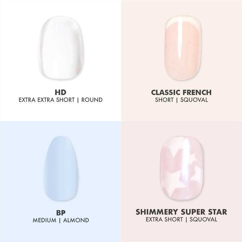 Press-On Nails Kit - 4 Realistic Fake Nail Sets | HD Crisp White, Classic French, Shimmery Super Star, BP Icy Blue - Non-Damaging Glue, Up to 14 Days Wear