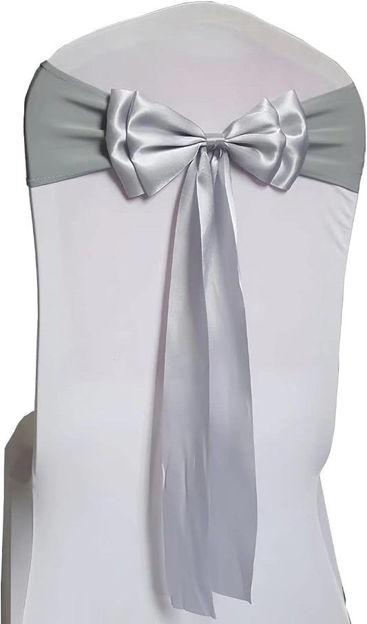 Skiennix Stretch Chair Sashes - Double Bow Spandex Chair Covers for Weddings & Events | Grey, Set of 6