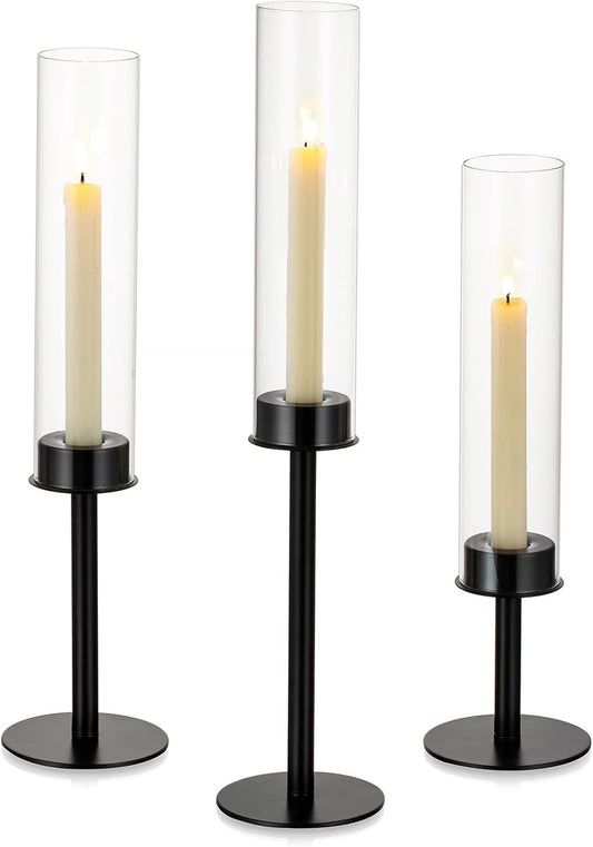 NUPTIO Black Candlestick Holders - Set of 3 Hurricane Taper Holders with Windproof Glass Cover for Elegant Table Decor