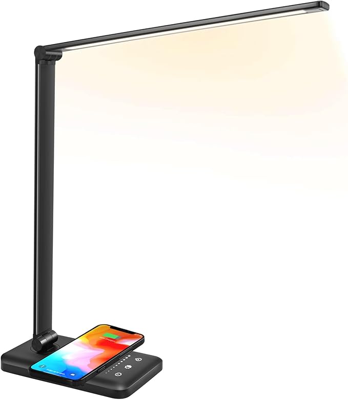 JOSTIC LED Desk Lamp with Wireless Charger, USB Charging Port, 10 Brightness, 5 Color Modes, Desk Lamps for Home Office, Dimmable Table Lamp Eye Caring Reading Light, Touch Control, Auto Timer, Black