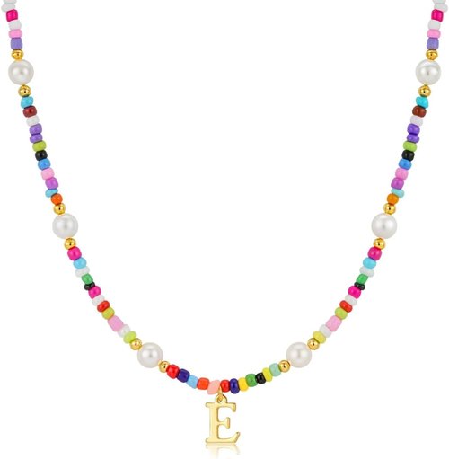 M MOOHAM Colorful Initial Necklace - Beaded Pearl Choker Jewelry for Kids, Teens & Women
