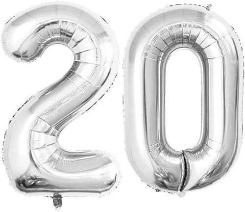 GOER 20th Birthday Party Balloons - 42 Inch Jumbo Silver Foil Helium Balloons for Celebrations