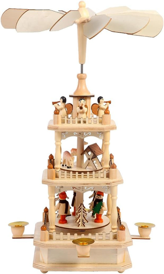 Rotating Christmas Pyramids - 18-Inch Wood Nativity Scene Carousel with 4 Candle Holders