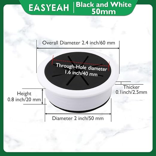 EASYEAH 2 Pcs Desk Grommet 2" / 50 mm, Desk Hole Cover for Cables Black and White, Cable Grommet ABS Plastic, Desk Hole Grommet for Home & Office Pc, Detachable Cable Cord Organizer