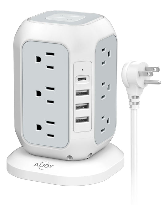 AiJoy Surge Protector Power Strip - 12 AC Outlets, 4 USB Ports (1 USB-C), 10ft Extension Cord, Charging Station with Surge Protection for Home, Office, Dorm