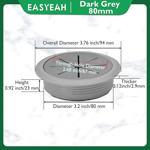 EASYEAH 2 Pcs Desk Grommet 3-1/8" / 80 mm, Desk Hole Cover for Cables Dark Grey, Cable Grommet ABS Plastic, Desk Hole Grommet for Home & Office Pc, Detachable Cable Cord Organizer
