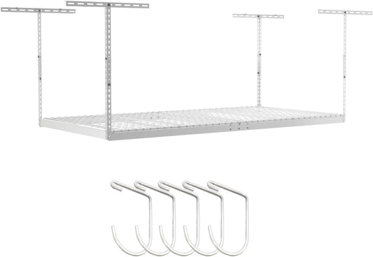 SafeRacks Overhead Storage Rack - Adjustable 4 ft x 8 ft | 24 in - 45 in Height, White with 5-Piece Hook Set