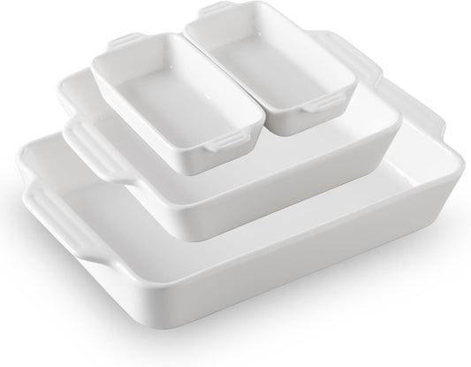 Sweejar Ceramic Bakeware Set - 4 Rectangular Casserole Dishes with Handles for Oven Cooking | White