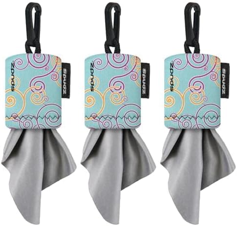 SPUDZ Classic Microfiber Lens Cleaner – Clip-On Pouch, Washable – for Binoculars, Scopes, Glasses, Screens | Classic | Baby Blue Swirls, 6 x 6 Inch (3-Pack)