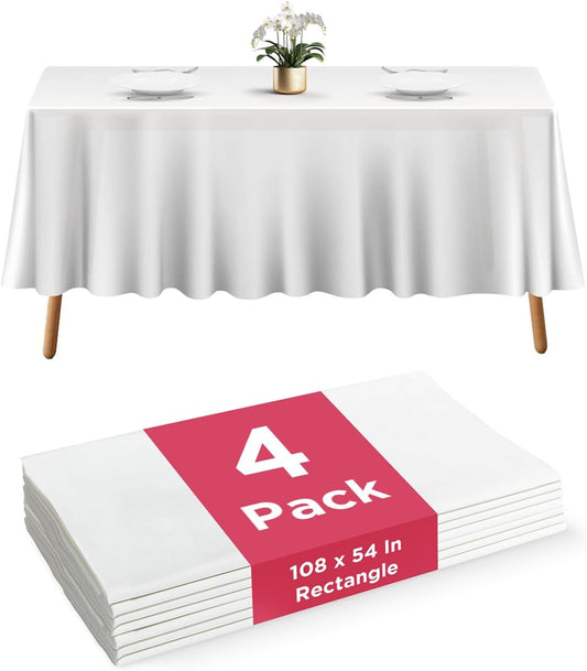 Prestee Disposable Table Cloths - Heavy-Duty Waterproof Rectangle Covers | 4 Pack, 108" x 54", White for Events