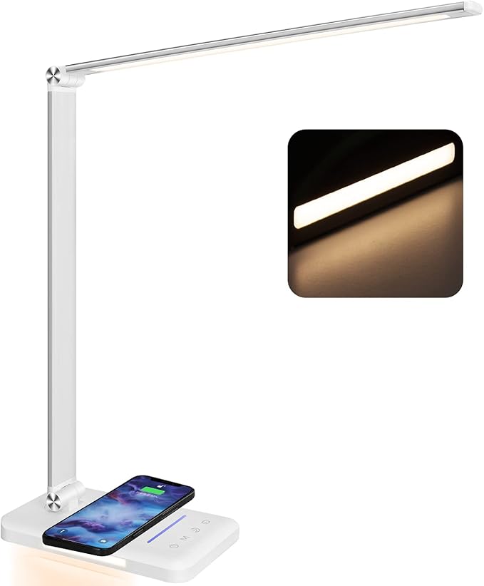 JOSTIC LED Desk Lamp with Night Light, Fast Wireless Charger, USB Charging Port, 10 Brightness, 5 Color Modes, Dimmable Bedside Table Lamp for Bedroom, Touch Control, Auto Timer, 1200Lux Super Bright
