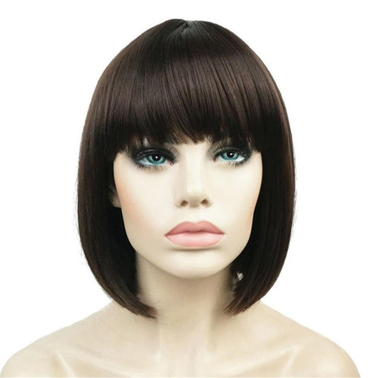 Short Straight Bob Wig with Cute Flat Bangs | Synthetic Women’s Hairpiece - 6 Chestnut Brown