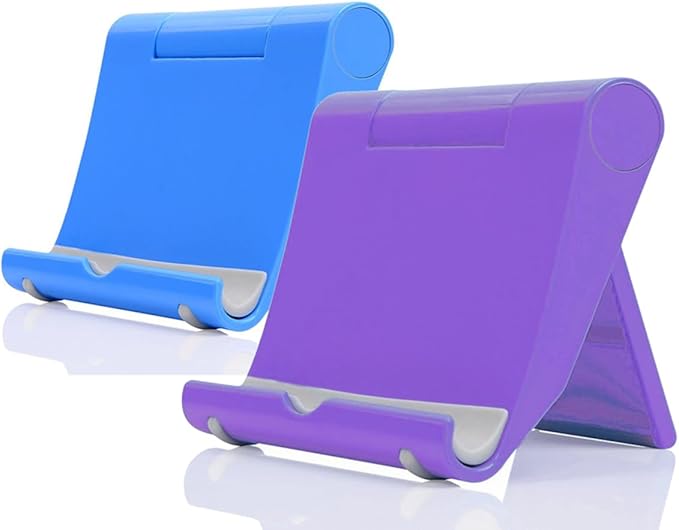 JUSDIQIR Portable Adjustable Cell Phone Stand, 2 Pack, Universal Fit for Desktop, Tablet, Compatible with Most Phones & Devices (Purple+Blue)
