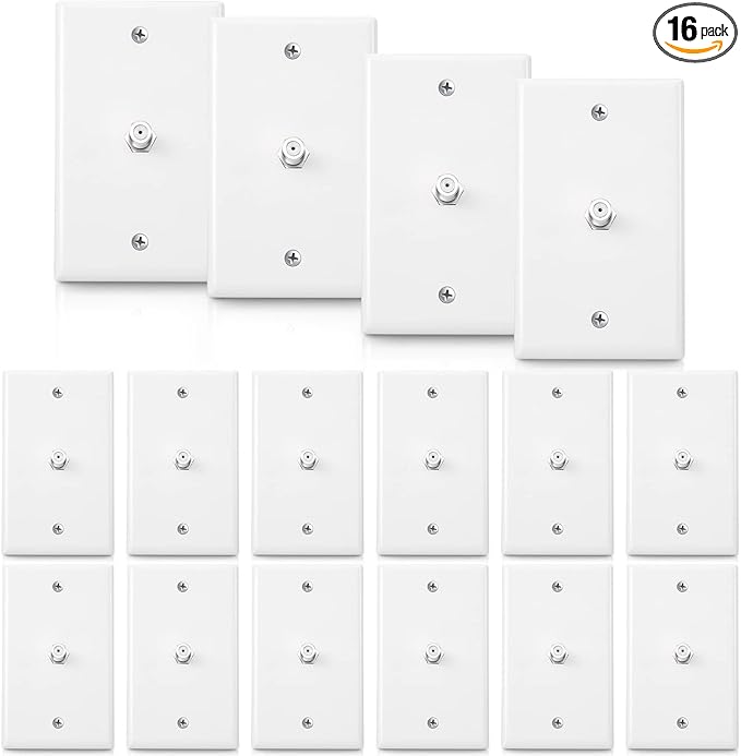 Weewooday 16 Pcs 1-Port TV Cable Wall Plate with F Connector Coax Wall Plate Video Jack Single Gang (White)