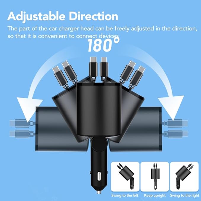 Retractable Car Charger, 4 in 1 Super Fast Car Phone Charger 60W, 2 Retractable Cables and 2 USB Ports Car Charger Adapter,Compatible with iPhone 17/16/15/14/13/12/11,Air-Pods Pro 3/4,Galaxy,Pixel