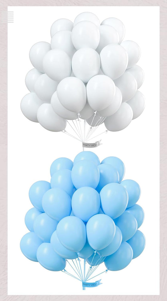 PartyWoo White & Light Blue Balloons - 100 Pcs Each, 12 Inch Perfect for Celebrations