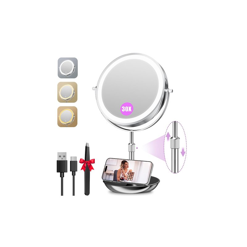 Auxmir 9" Large Lighted Makeup Mirror with Magnification, 1X/30X Double Sided Magnifying Mirror with Adjustable Height, Rechargeable Vanity Mirror with 3 Color Dimmable Lights, 360Â° Rotation