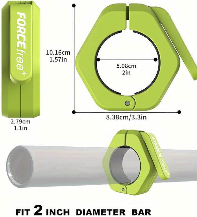Forcefree+ Barbell Clips (Pair), Barbell Clamps, Quick Release Olympic Barbell Clamps with Anti Slip TPR Grip, Barbell Collars for Secure Weightlifting & Powerlifting (Non Magnetic, Green)