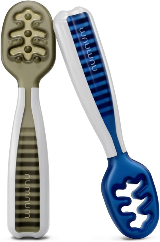 NumNum Baby Spoons Set - Pre-Spoon GOOtensils for Self-Feeding | BPA-Free Silicone, 2 Pack Olive/Newbury Navy, 6+ Months
