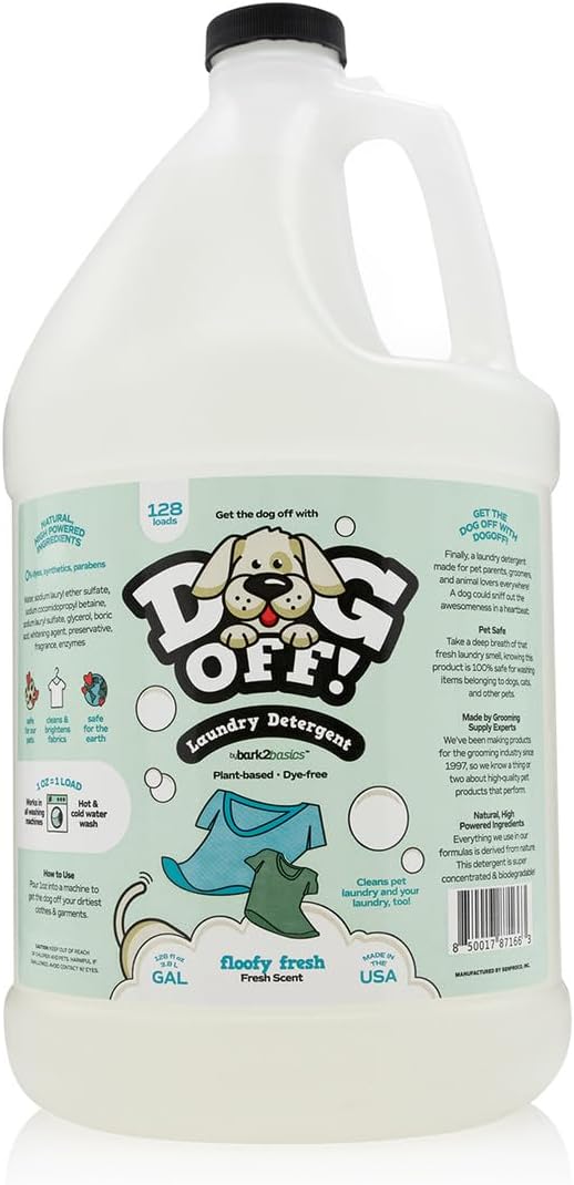 Bark2Basics Dog-Off Laundry Liquid Detergent, 1 Gallon - 128 Loads, Dog Friendly, Eliminates Pet Odors and Stains from Clothes, Towels, and Apparel, Ideal for Grooming Salons, Kennels, and More