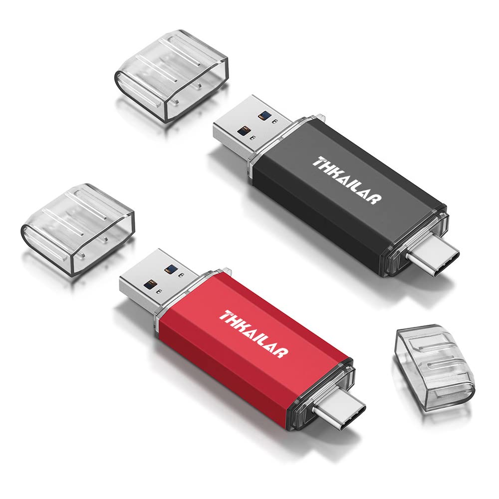 Thkailar 2 Pack USB C Flash Drive 64GB 2 in one OTG USB 3.1 Thumb Drive,Memory Stick for Business Traveler Works,Compatible with Computers,MacBook Pro,Android Phones(Black&Red)