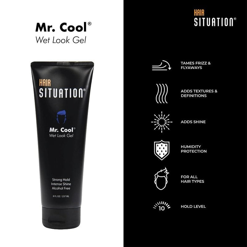 Hair Situation Mr. Cool Wet Look Strong Hold Hair Styling Hair Gel, High Shine, Anti-Humidity Shield, Anti-Frizz Fly Away, Alcohol-Free, No Flake Formula Made with Vitamins to Strengthen Hair, 8 Fl Oz
