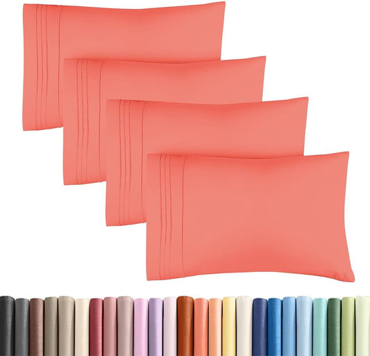 Skiennix Standard Pillow Cases Set of 4 - Ultra Soft Hotel Quality Covers - Machine Washable Coral
