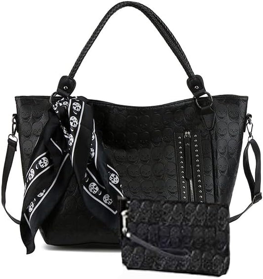 Zuoge Women’s Skull Tote Bag - Studded PU Leather Handbag with Purse & Scarf Set (3 Pieces)