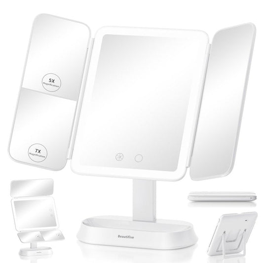 Lighted Makeup Mirror with 7X/5X/1X Magnification, Vanity Mirror with Lights, Trifold Led Makeup Mirror, 3 Lights Colors & Adjustable Brightness, 360° Rotation & Detachable Design for Travel Gift