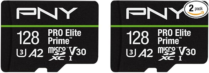 PNY 128GB PRO Elite Prime™ C10 U3 V30 A2 microSDXC Flash Memory Card – Ultra-Fast Speeds, Read 200MB/s, Write 150MB/s, 4K UHD, Full HD, UHS-I, for Smartphones, Drones, Action Cameras, 2-Pack