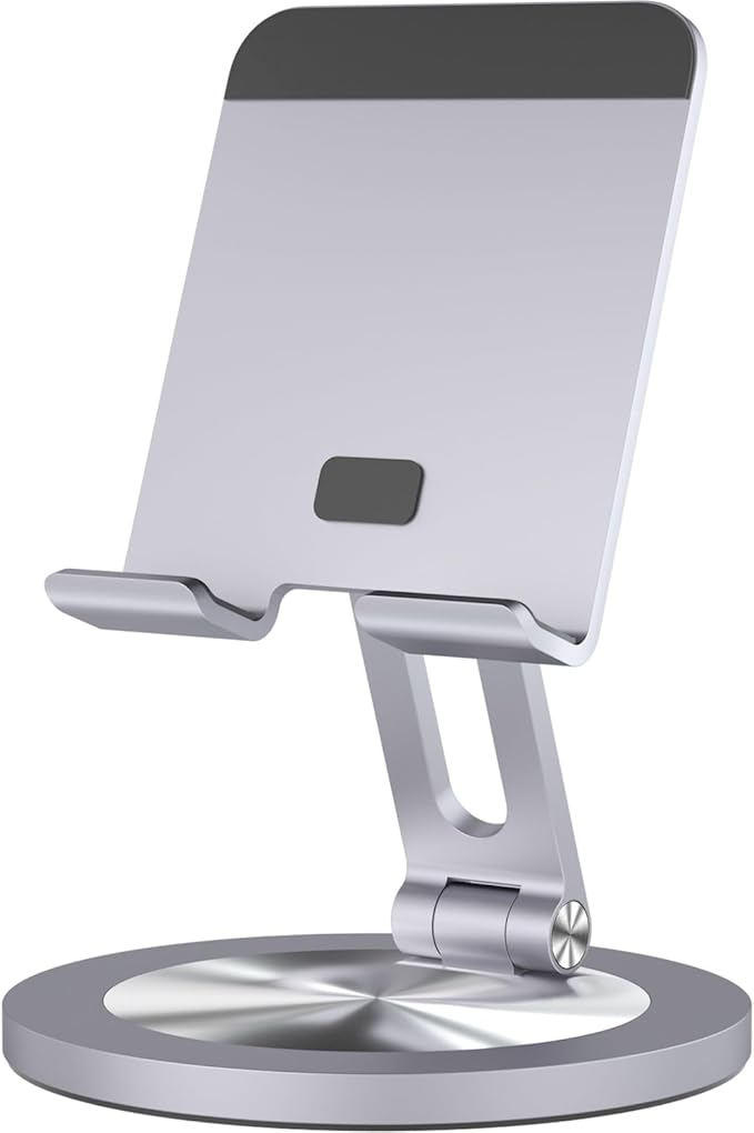 YCNEW Phone Stand for Desk, 360° Rotating Dual Adjustable Foldable Holder, Heavy Solid All-Aluminum Base Anti-Slip Stable Support for Home Office Study, Fits iPhone Galaxy 4-8" Phones (Grey)