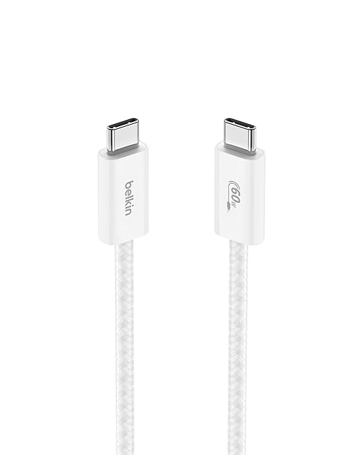 Belkin USB C to USB C Cable, 3.3ft, 60W - Type C Charger, iPhone Charger Cord, Soft, Braided, Flexible for iPhone 17, Galaxy S25, Pixel 9, Airpods, iPad Pro, Tablet & More, Travel Essentials - White