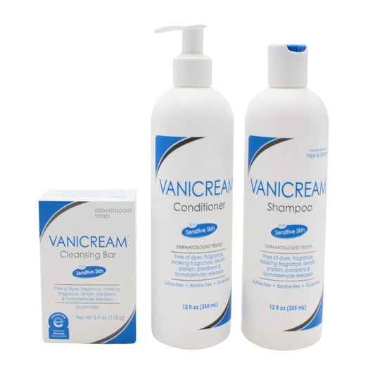 Vanicream Bundle Kit includes Vanicream Cleansing Bar (3.9 oz), Vanicream Shampoo (12 fl oz), and Vanicream Conditioner (12 fl oz)âa complete gentle skincare and haircare solution for sensitive skin.