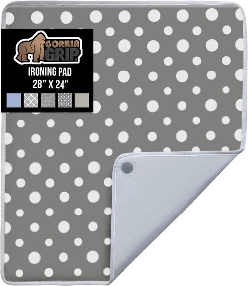 GORILLA GRIP The Original Ironing Board Cover and Pad, Silicone Coating, 400°F Scorch Resistant Thick Padding, Heavy Duty Iron Covers Standard Boards, Hook and Loop Fastener Strap, Polka Dots 28x24