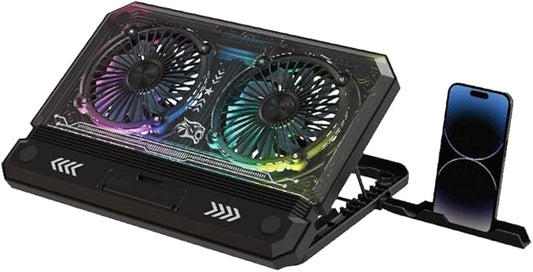Porodo Gaming Crystal Shell Laptop Cooling Pad with Phone Holder, Dual High-Speed Fans, 8-Level Adjustable Height, RGB Lighting, Anti-Slip Base, USB-A & USB-C Ports – Black (for 10-17” Laptops)