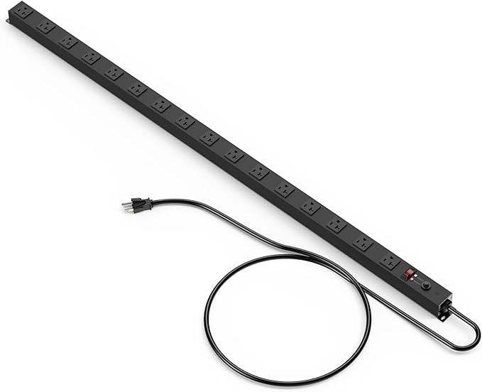 JUNNUJ Long Metal 16 Outlet Power Strip,Wide Spaced Wall Mount Metal Multiple Plugs for Industrial Garage Shop,Power Strip Surge Protection 4800J, 5-15P High Amp 6-20R T-Slot (Black, 6FT)